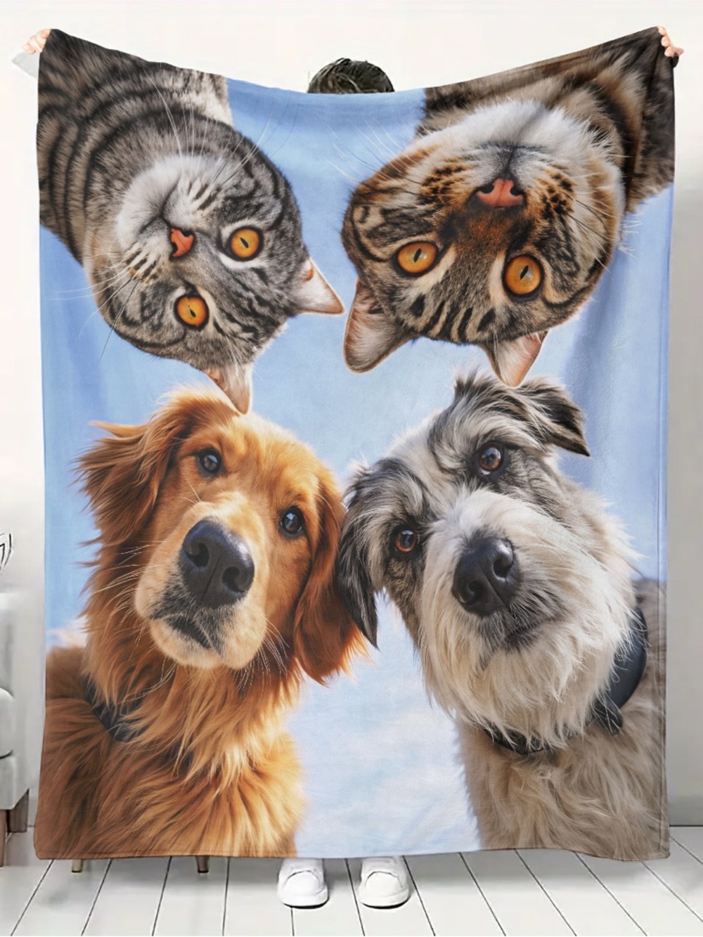 Cozy Pet Portrait Throw Blanket - Blue with Dogs & Cats